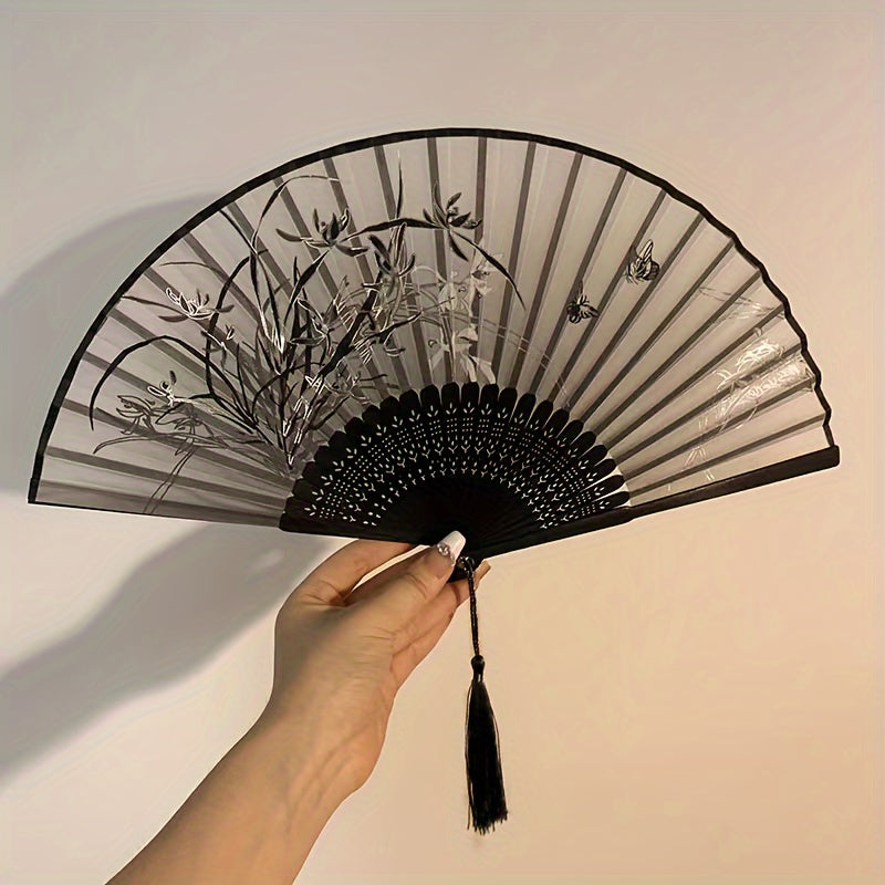 1pc Abanico de Mano Plegable de Bamb al Estilo Asitico con Temtica de Plantas  Elegante Abanico de Madera con Borla para el Hogar Danza y Regalo