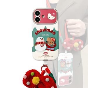 Christmas Hello Kitty Strap Phone Case with Plush Ball | Snowman iPhone Cover GiftHer